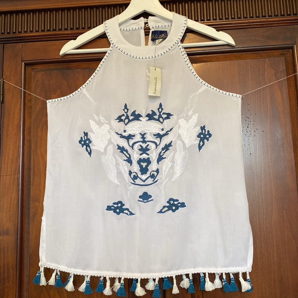 Blue Rain White Halter Tank with Blue Embroidered Motif & Tassel Trim